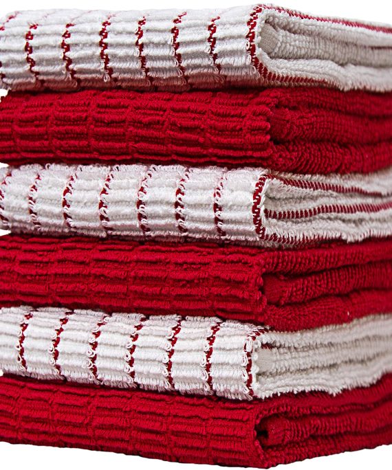 Premium Kitchen Towels (16”x 28”, 6 Pack) – Large Cotton Kitchen Hand Towels –Chef Weave Design– 380 GSM Highly Absorbent Tea Towels Set with Hanging Loop – Red