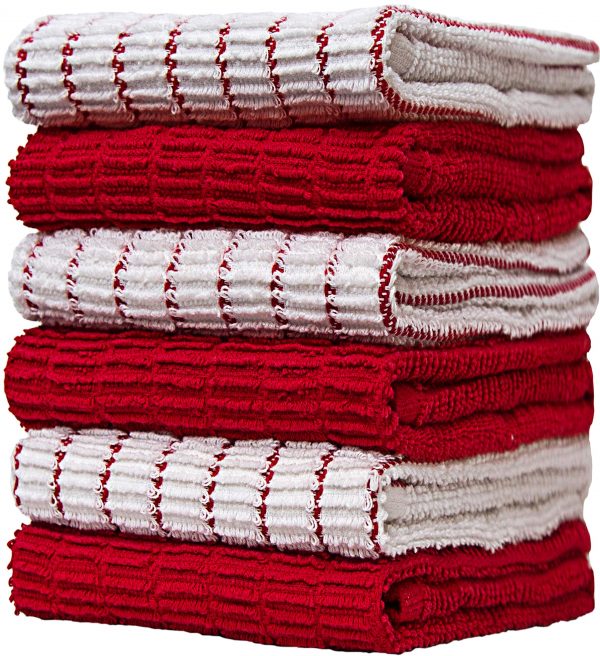 Premium Kitchen Towels (16”x 28”, 6 Pack) – Large Cotton Kitchen Hand Towels –Chef Weave Design– 380 GSM Highly Absorbent Tea Towels Set with Hanging Loop – Red
