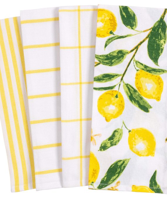 KAF Home Pantry Lemons All Over Kitchen Dish Towel Set of 4, 100-Percent Cotton, 18 x 28-inch