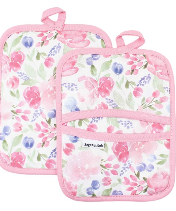 Sage and Stitch Kitchen Pot Holders for Women 7'' x 9'' with Hand Pockets and Hanging Loop, Dual Function Oven Mitt Trivet Potholder Hot Pad 100% Cotton, Heat Resistant Set of 2 - Pink Floral