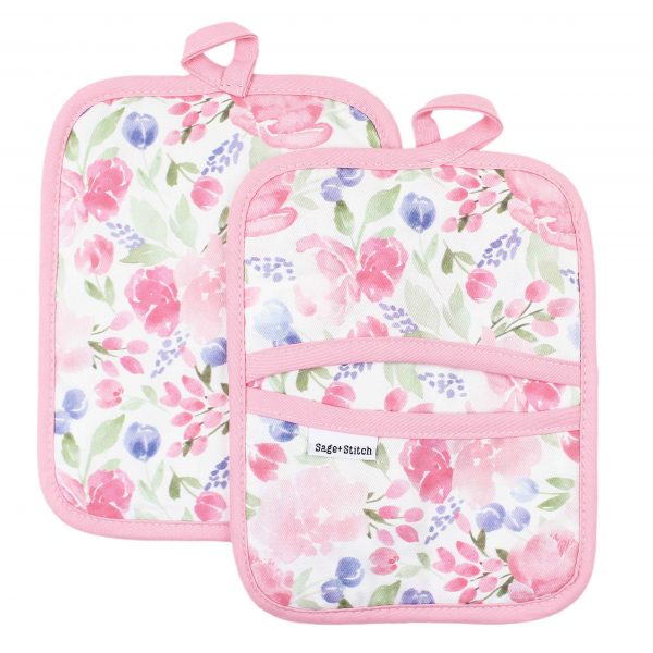 Sage and Stitch Kitchen Pot Holders for Women 7'' x 9'' with Hand Pockets and Hanging Loop, Dual Function Oven Mitt Trivet Potholder Hot Pad 100% Cotton, Heat Resistant Set of 2 - Pink Floral