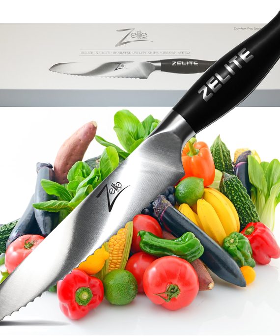 Zelite Infinity Serrated Utility Knife 6 Inch - Comfort-Pro Series - German High Carbon Stainless Steel - Razor Sharp, Super Comfortable
