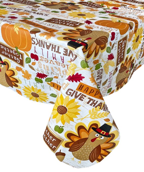 Newbridge Happy Thanksgiving Turkey Vinyl Flannel Backed Tablecloth - Fun Whimsical Harvest and Fall Kitchen Dining Room Print Easy Care Wipe Clean Tablecloth, 60” x 102” Oblong/Rectangle