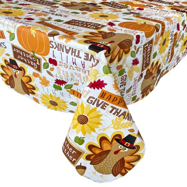 Newbridge Happy Thanksgiving Turkey Vinyl Flannel Backed Tablecloth - Fun Whimsical Harvest and Fall Kitchen Dining Room Print Easy Care Wipe Clean Tablecloth, 60” x 102” Oblong/Rectangle
