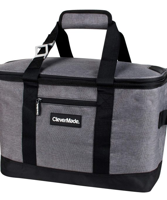 CleverMade Collapsible Cooler Bag: Insulated Leakproof 50 Can Soft Sided Portable Cooler Bag for Lunch, Grocery Shopping, Camping and Road Trips, Heather Grey/Black