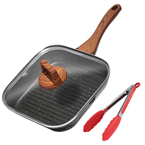 ESLITE LIFE 9.5 Inch Nonstick Grill Pan with Lid, Induction Square Skillet, Steak and Bacon Pan with Granite Coating