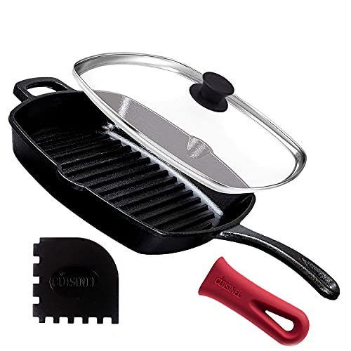 Cast Iron Grill Pan + Glass Lid + Silicone Handle Cover
