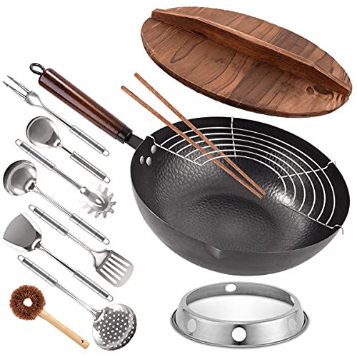 13 Pcs Wok Pan with Wooden Lid & Handle Stir-Fry Pans