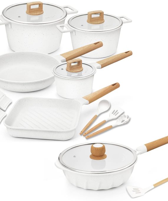 Non-stick induction cookware set with cooking utensils