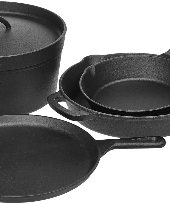Amazon Basics Pre-Seasoned Cast Iron 5-Piece Kitchen Cookware Set