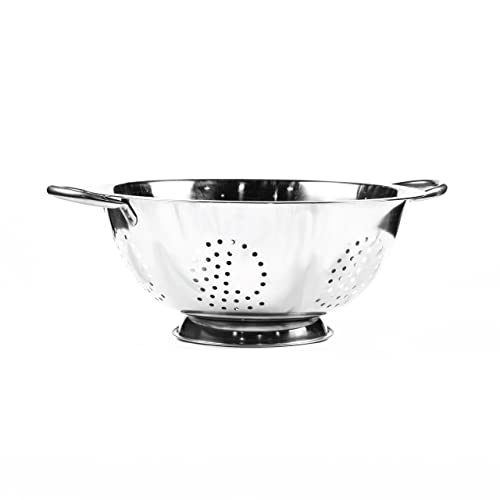 A stainless steel strainer bowl with metal handles, perfect for draining pasta, fruits, vegetables, and more.
