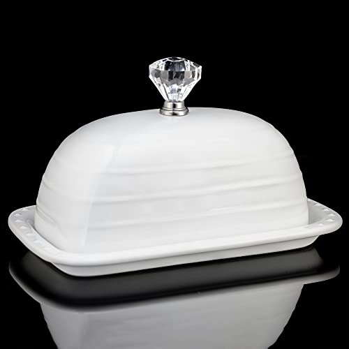 Deluxe Dolomite White Butter Dish with Crystal Knob