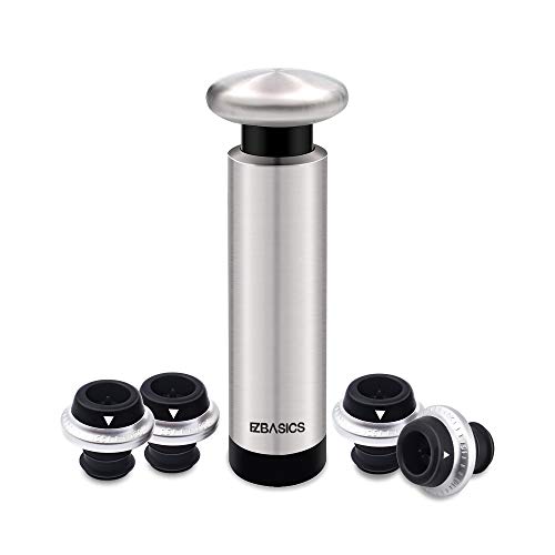 EZBASICS Wine Saver Pump Set with Stainless Steel Design and Four Vacuum Stoppers – Keeps Wine Fresh for Up to One Week