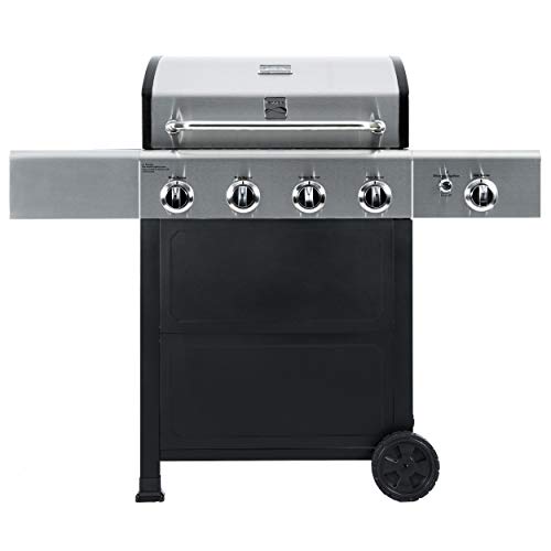 A stainless steel and black Kenmore 4-Burner Outdoor Propane BBQ Gas Grill with side burner and side tables, perfect for outdoor grilling adventures.