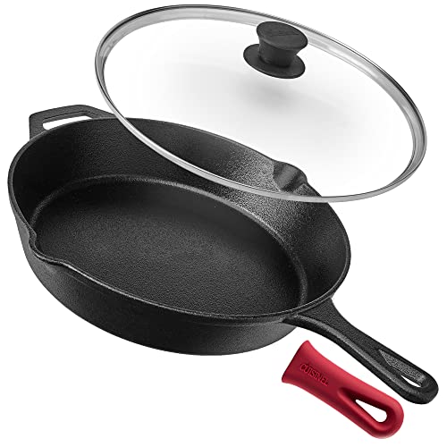 Cast Iron Skillet with Lid - 12"-Inch Frying Pan + Glass Lid