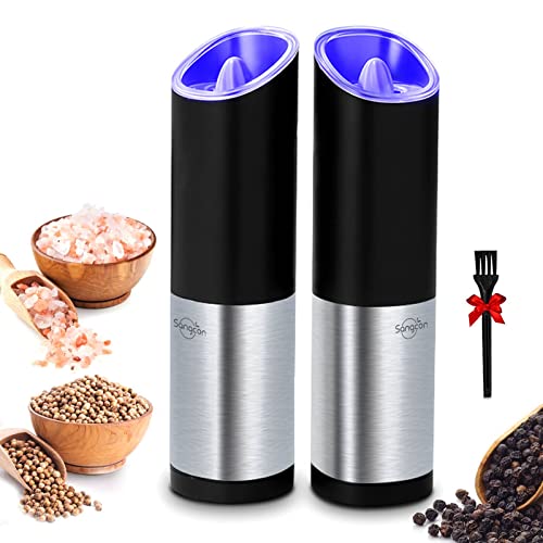 Upgraded Electrical Salt and Pepper Grinder Mill Set with Stainless Steel Construction and Blue LED Lights