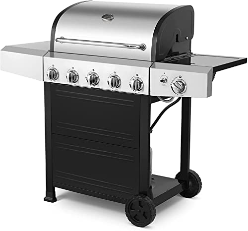 A stainless steel 5+1-Burner Propane Fuel Grill with side burner, cart style, and built-in thermometer, perfect for outdoor grilling adventures.