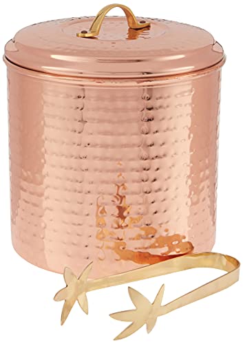 Elegant Dutch Copper Ice Bucket with removable liner, brass ice tongs, and tarnish-resistant lacquer finish, perfect for stylish beverage service. 