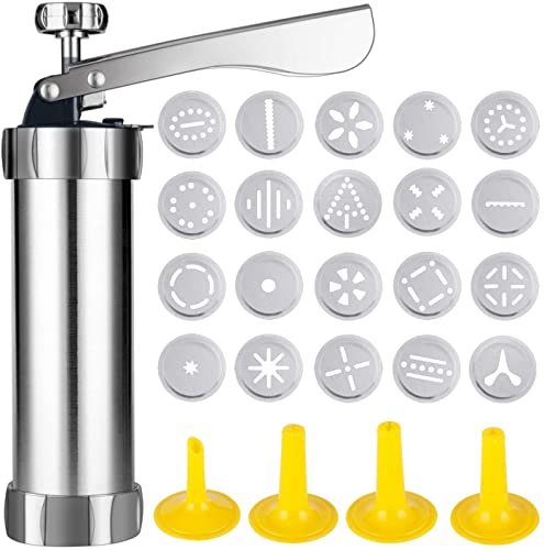 Stainless steel cookie press gun with 20 interchangeable discs and 4 icing nozzles, perfect for DIY biscuit making and decorating.