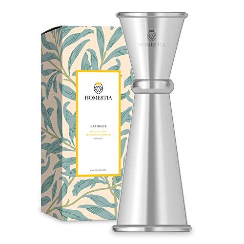 Homestia Double Cocktail Jigger in stainless steel with etched measurements, Japanese style design, perfect for precise bartending.