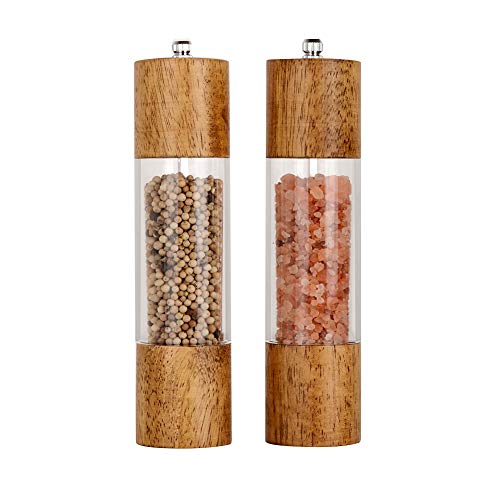 Premium acrylic salt and pepper grinder set with adjustable ceramic core, displayed on a kitchen countertop.