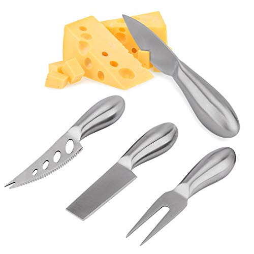 A set of four stainless steel cheese knives, including a fork, knife, cutter, and shaver, perfect for cheese enthusiasts.
