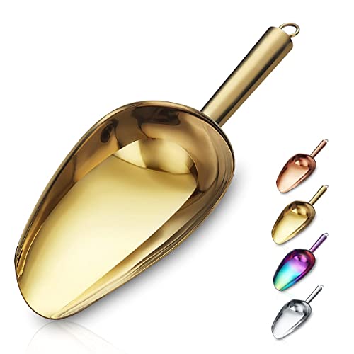 Sleek and stylish 6oz Berglander Titanium Gold-Plated Ice Scoop, perfect for ice, pet food, snacks, and more with an ergonomic handle and dishwasher-safe design. 