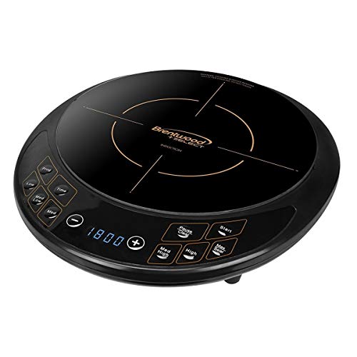 Compact black Brentwood TS-391 induction cooktop with a smooth glass surface and programmable controls, ideal for small spaces and precise cooking. 