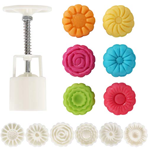 Bezall 50g Mooncake Mould with 6 Flower Stamps - DIY Cookie Press for Mid-Autumn Festival Baking
