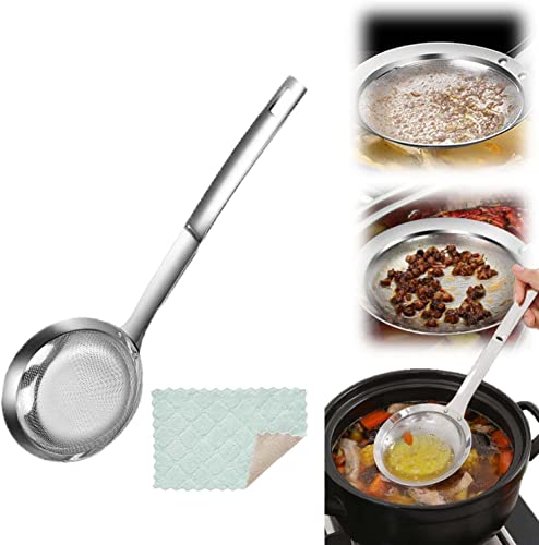 Stainless Steel Fine Mesh Strainer with Long Handle - Multi-Function Oil Skimmer and Colander for Kitchen Use