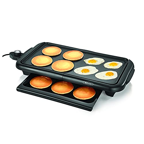 A sleek BELLA Electric Griddle with a spacious copper-colored non-stick surface, built-in warming tray, and cool-touch black handles – perfect for cooking pancakes, eggs, and more. 🥞🍳 