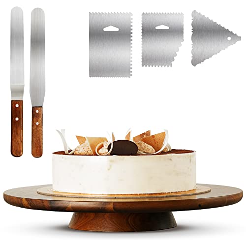 Rotating Cake Stand Wood with 2 Icing Spatulas and 3 Icing Smoother