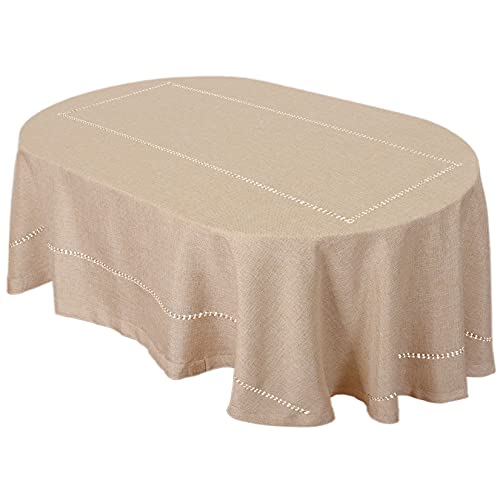 Elegant Beige Oval Double Hemstitched Dining Tablecloth