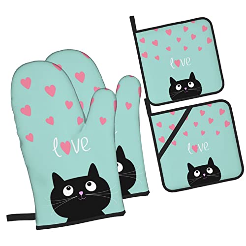 Cute Black Cat Love Oven Mitts and Pot Holders 4pcs Sets