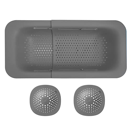 A gray collapsible sink colander with two sink mats, ideal for efficient food prep and easy cleanup in the kitchen.