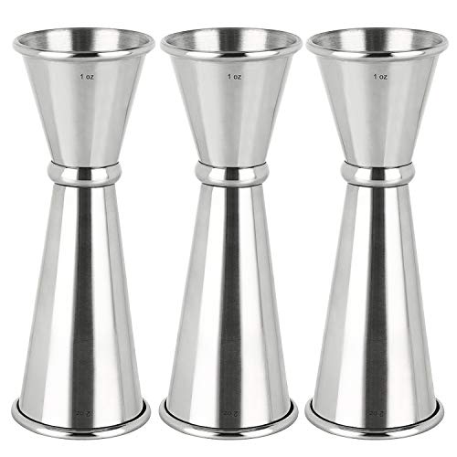 Set of three stainless steel double jiggers with precise 1oz and 2oz measurements, featuring a stylish brushed finish