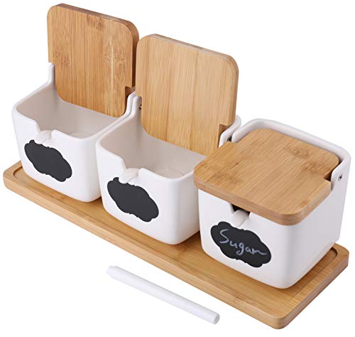 Ceramic Sugar Bowls Set with Spoons and Bamboo Lids