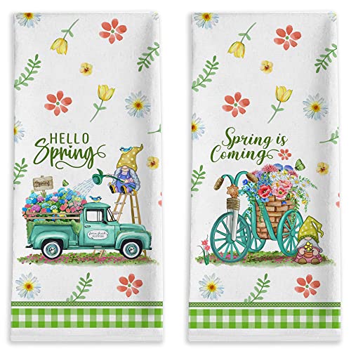 Hello Spring Green Truck with Flowers Dish Towels Set of 2