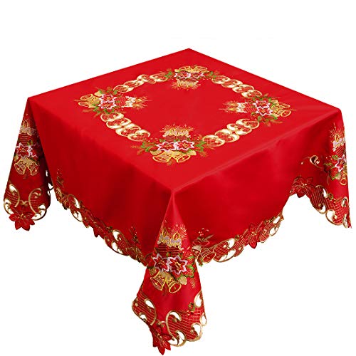 Grelucgo Embroidered Christmas Holiday Red Tablecloth