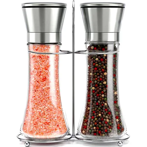 Stainless Salt and Pepper Grinder Set with Stainless Steel Stand and Refillable Design