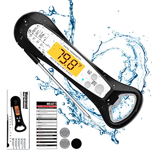 A digital cooking thermometer with a foldable stainless steel probe, backlit LCD display, waterproof design, and built-in magnet for easy storage – perfect for grilling, baking, and cooking! 🌡️🍖 