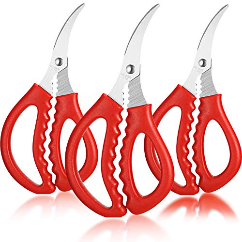 A set of three red Kitchen Seafood Scissors with serrated blades, displayed on a kitchen countertop next to a pile of fresh shrimp and crab legs.