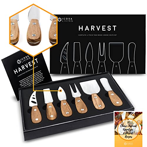 "A set of six premium cheese knives with teak wood handles and stainless steel blades, perfect for serving a variety of cheeses at any gathering.