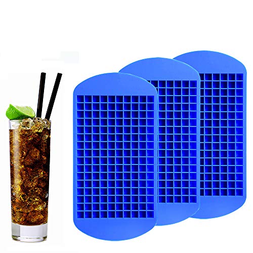 A stack of three EchoDone Mini Silicone Ice Cubes Trays, filled with small ice cubes, against a backdrop of colorful cocktails and garnishes.