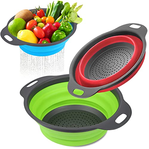 A set of three collapsible silicone colanders in varying sizes, folded down to save space in a kitchen drawer.