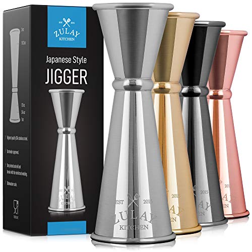 Premium Japanese Double Cocktail Jigger by Zulay Kitchen, made of 18/8 stainless steel with etched measurements for precise pouring.