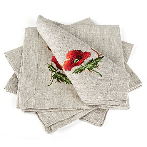 Linen Cloth Table Napkins Poppies (Grey) with Embroidery