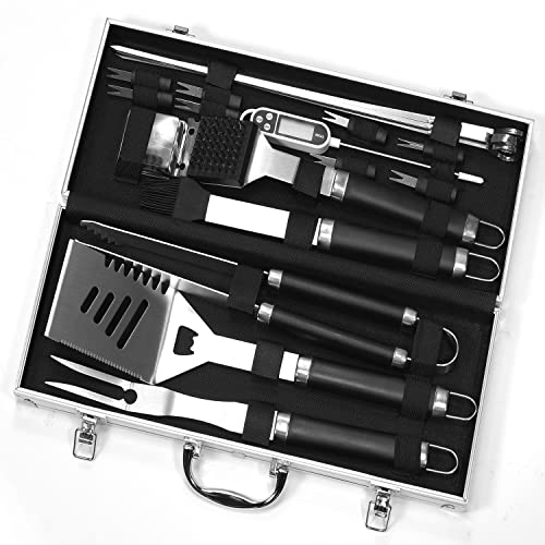 Stainless Steel BBQ Tools with Thermometer and Portable Case
