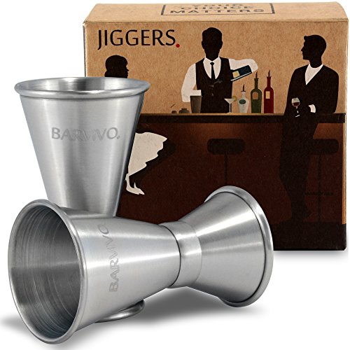 Stainless steel Barvivo Double Jigger Set with 0.5oz and 1oz measurements, ideal for precise cocktail mixing