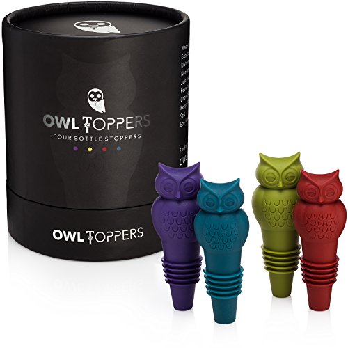Owltopper Decorative Wine Bottle Stoppers in Red, Purple, Blue, and Green - 4 Pack